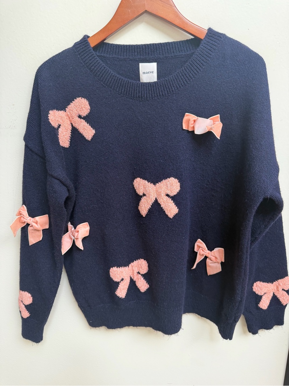 Maeve Navy Crewneck Sweater with Pink Bow Accents - Picture 2 of 6